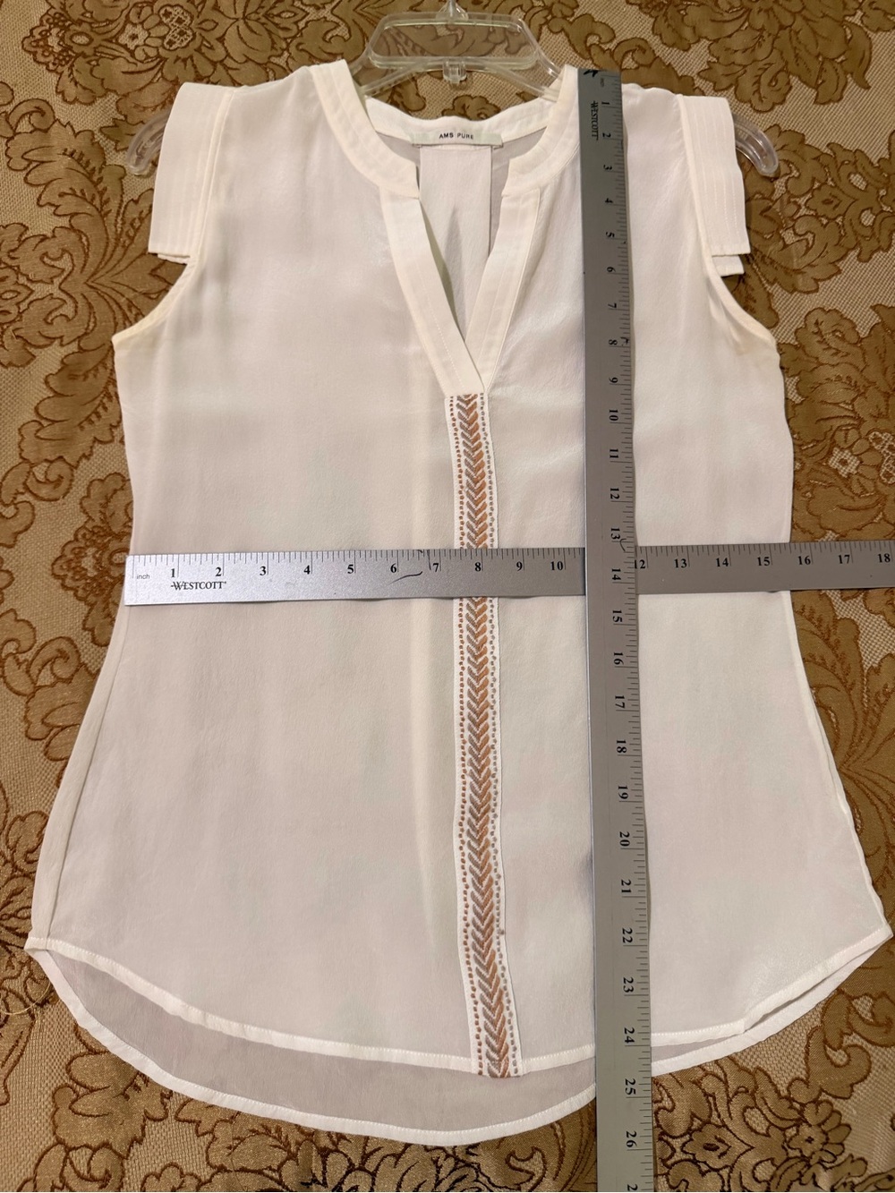 White Silk Sleeveless V-Neck Blouse, Center Gold Metallic Trim by AMS Pure, Sz S - Picture 12 of 14